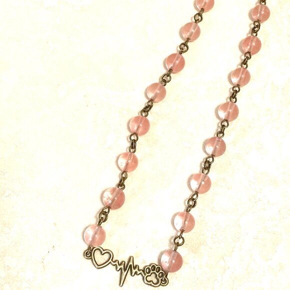 Cute Cherry Quartz Bronze Paw Print Heart Beat Adjustable Pendant Choker - Picture 7 of 16